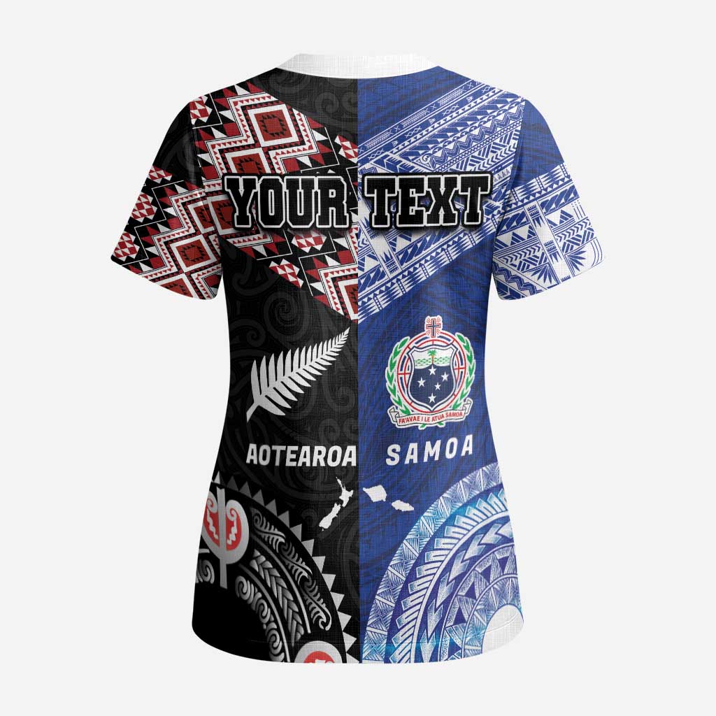 Personalised Aotearoa and Samoa Together Scrub Top Tatau Art Tattoos-Taniko and Tukutuku with Maori Pattern LT03 - Polynesian Pride