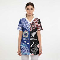 Personalised Aotearoa and Samoa Together Scrub Top Tatau Art Tattoos-Taniko and Tukutuku with Maori Pattern LT03 - Polynesian Pride