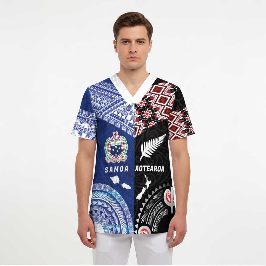 Personalised Aotearoa and Samoa Together Scrub Top Tatau Art Tattoos-Taniko and Tukutuku with Maori Pattern LT03 - Polynesian Pride