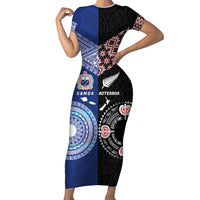 Personalised Aotearoa and Samoa Together Short Sleeve Bodycon Dress Tatau Art Tattoos-Taniko and Tukutuku with Maori Pattern LT03 Long Dress Black - Polynesian Pride