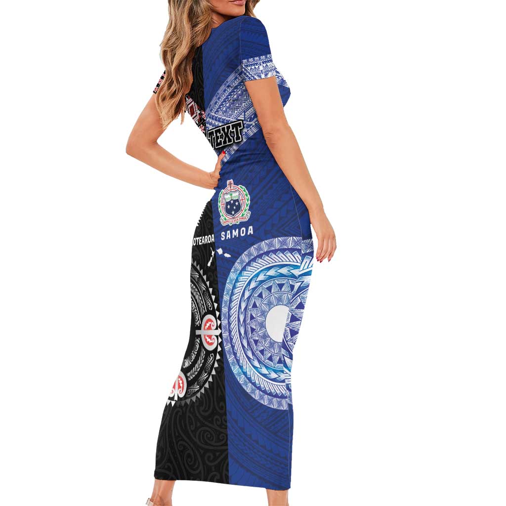 Personalised Aotearoa and Samoa Together Short Sleeve Bodycon Dress Tatau Art Tattoos-Taniko and Tukutuku with Maori Pattern LT03 - Polynesian Pride
