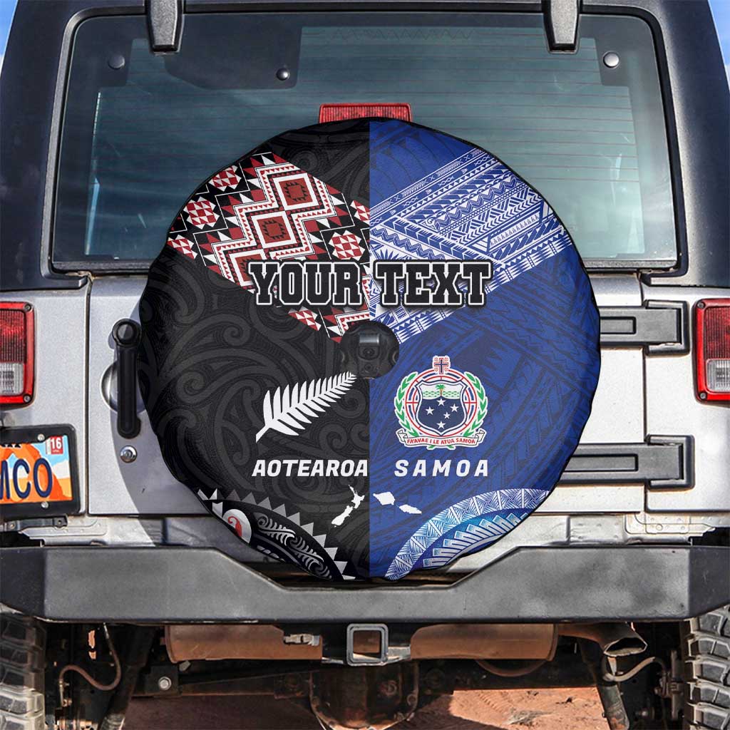 Personalised Aotearoa and Samoa Together Spare Tire Cover Tatau Art Tattoos-Taniko and Tukutuku with Maori Pattern LT03 Black - Polynesian Pride