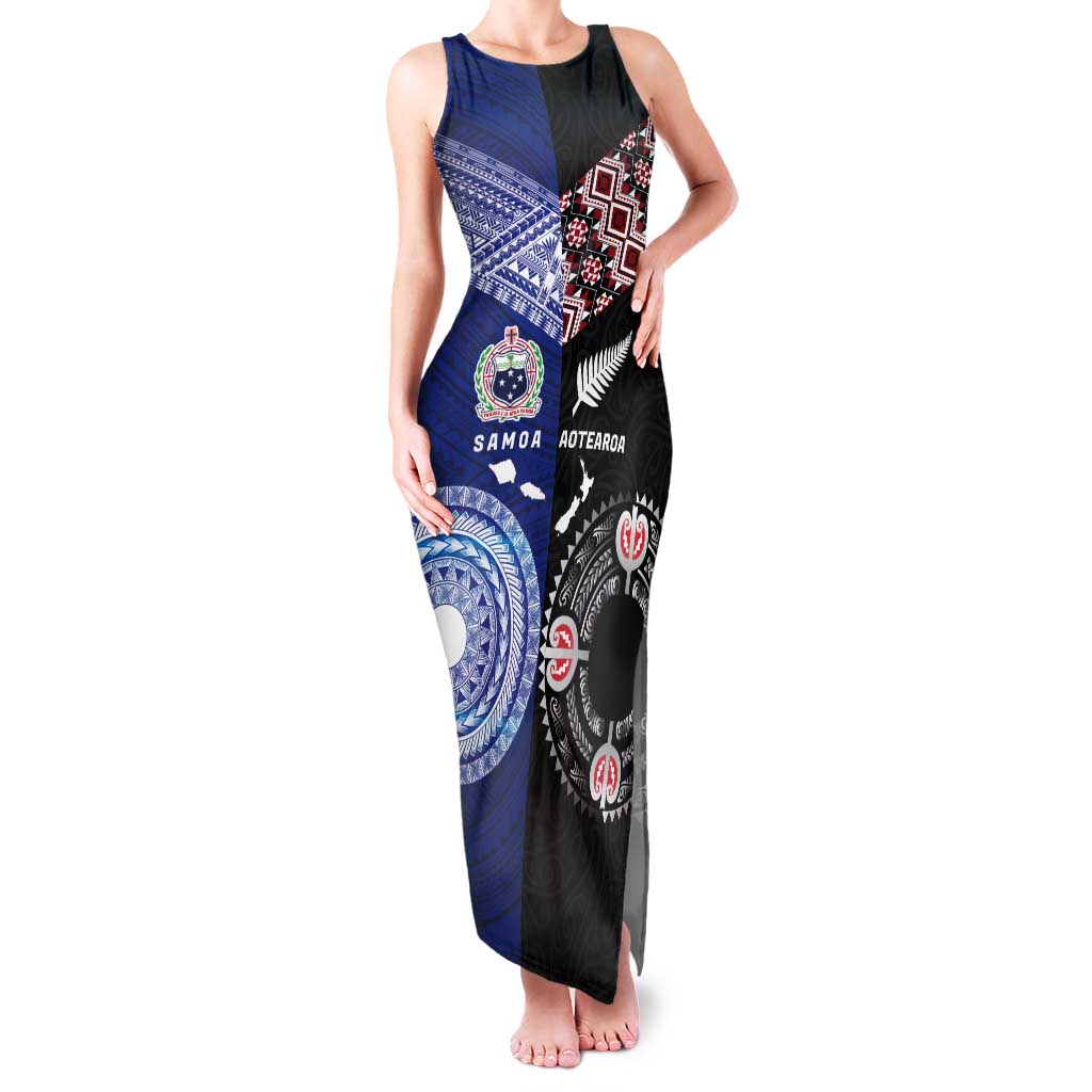 Personalised Aotearoa and Samoa Together Tank Maxi Dress Tatau Art Tattoos-Taniko and Tukutuku with Maori Pattern LT03 Women Black - Polynesian Pride
