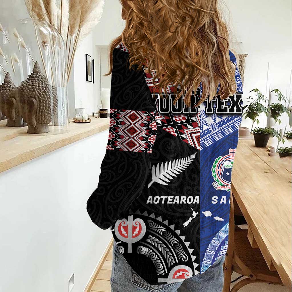 Personalised Aotearoa and Samoa Together Women Casual Shirt Tatau Art Tattoos-Taniko and Tukutuku with Maori Pattern LT03 - Polynesian Pride