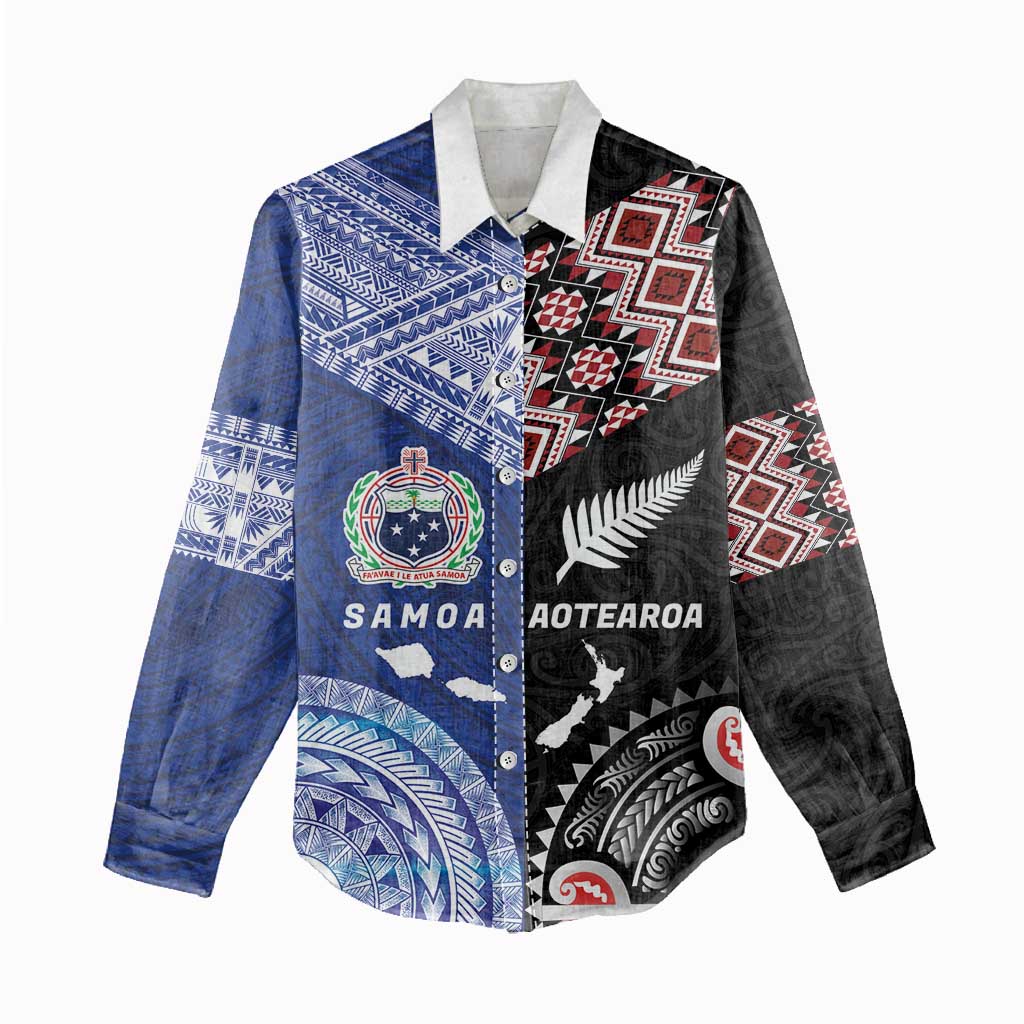 Personalised Aotearoa and Samoa Together Women Casual Shirt Tatau Art Tattoos-Taniko and Tukutuku with Maori Pattern LT03 - Polynesian Pride