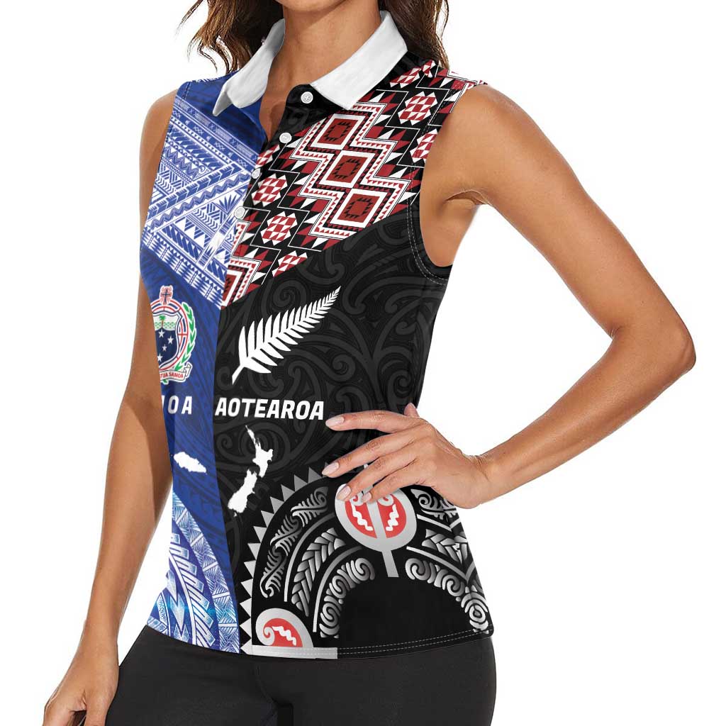 Personalised Aotearoa and Samoa Together Women Sleeveless Polo Shirt Tatau Art Tattoos-Taniko and Tukutuku with Maori Pattern LT03 - Polynesian Pride