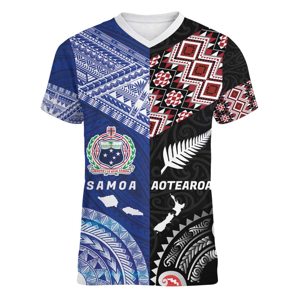 Personalised Aotearoa and Samoa Together Women V-Neck T-Shirt Tatau Art Tattoos-Taniko and Tukutuku with Maori Pattern LT03 Female Black - Polynesian Pride