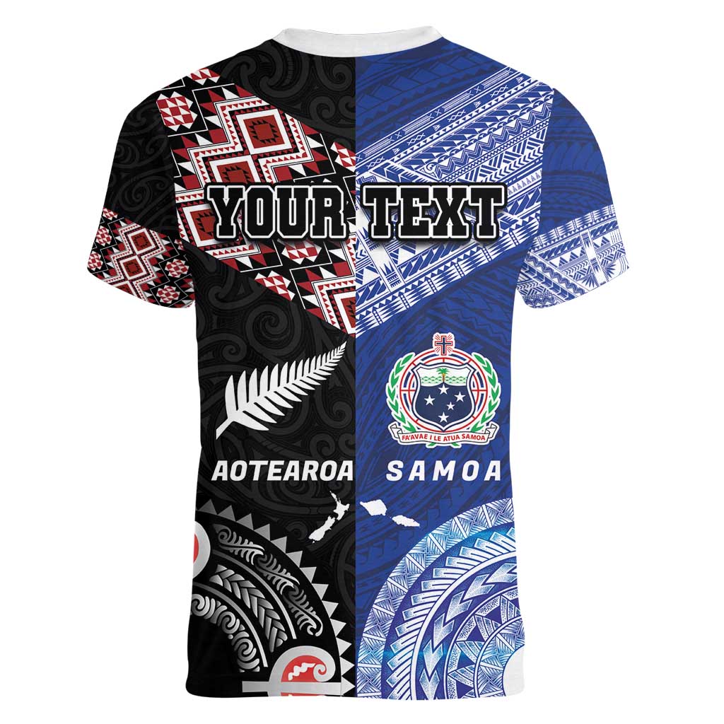 Personalised Aotearoa and Samoa Together Women V-Neck T-Shirt Tatau Art Tattoos-Taniko and Tukutuku with Maori Pattern LT03 - Polynesian Pride