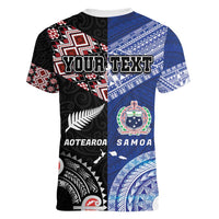 Personalised Aotearoa and Samoa Together Women V-Neck T-Shirt Tatau Art Tattoos-Taniko and Tukutuku with Maori Pattern LT03 - Polynesian Pride
