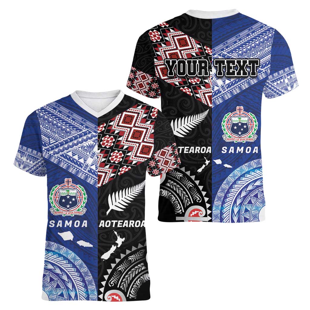 Personalised Aotearoa and Samoa Together Women V-Neck T-Shirt Tatau Art Tattoos-Taniko and Tukutuku with Maori Pattern LT03 - Polynesian Pride