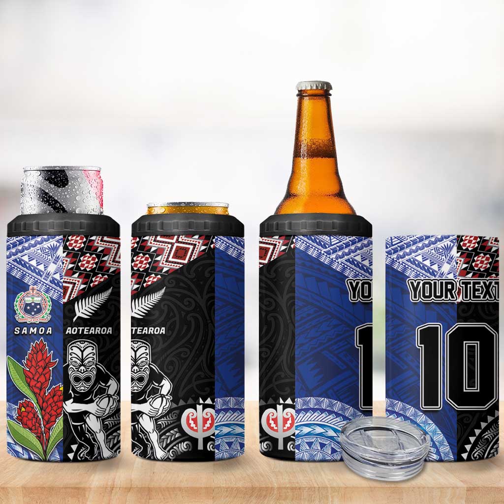 Custom Aotearoa and Samoa Rugby 4 in 1 Can Cooler Tumbler Maori Warrior and Teuila Emblem-Tatau with Taniko Art LT03 - Polynesian Pride