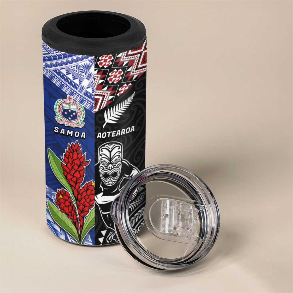 Custom Aotearoa and Samoa Rugby 4 in 1 Can Cooler Tumbler Maori Warrior and Teuila Emblem-Tatau with Taniko Art LT03 - Polynesian Pride
