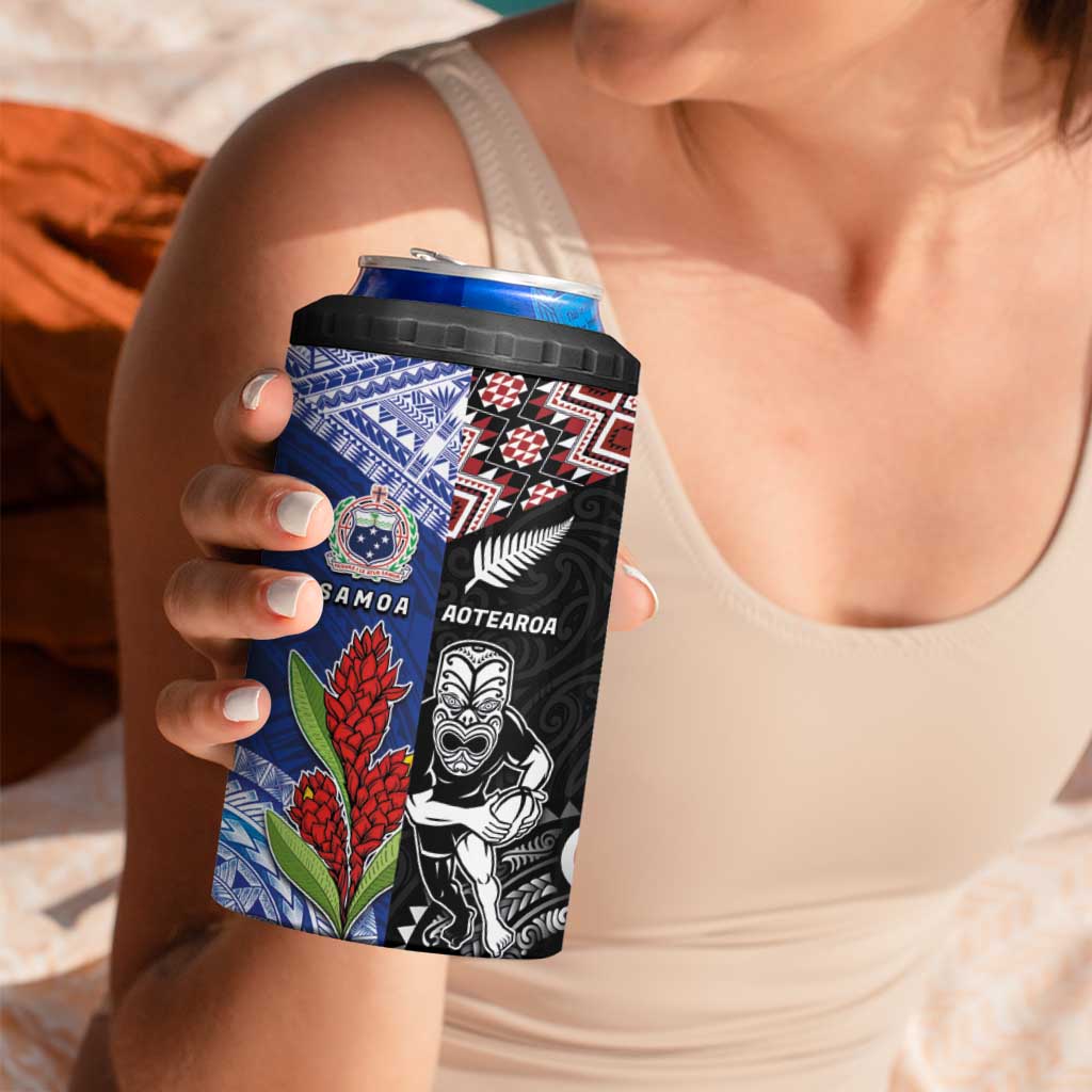 Custom Aotearoa and Samoa Rugby 4 in 1 Can Cooler Tumbler Maori Warrior and Teuila Emblem-Tatau with Taniko Art LT03 - Polynesian Pride