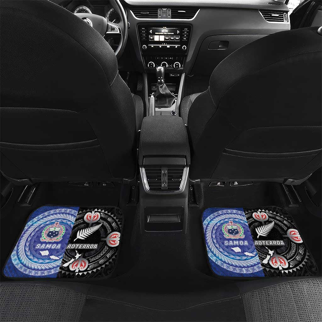 Custom Aotearoa and Samoa Rugby Car Mats Maori Warrior and Teuila Emblem-Tatau with Taniko Art