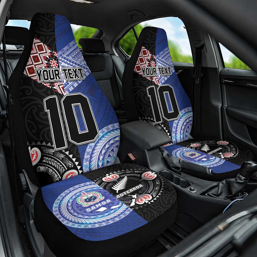 Custom Aotearoa and Samoa Rugby Car Seat Cover Maori Warrior and Teuila Emblem-Tatau with Taniko Art LT03 One Size Black - Polynesian Pride
