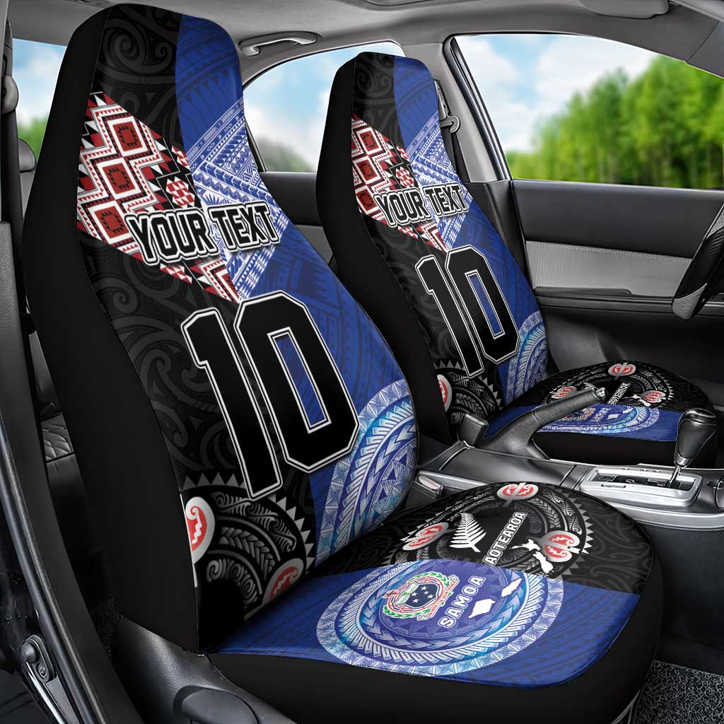 Custom Aotearoa and Samoa Rugby Car Seat Cover Maori Warrior and Teuila Emblem-Tatau with Taniko Art LT03 - Polynesian Pride
