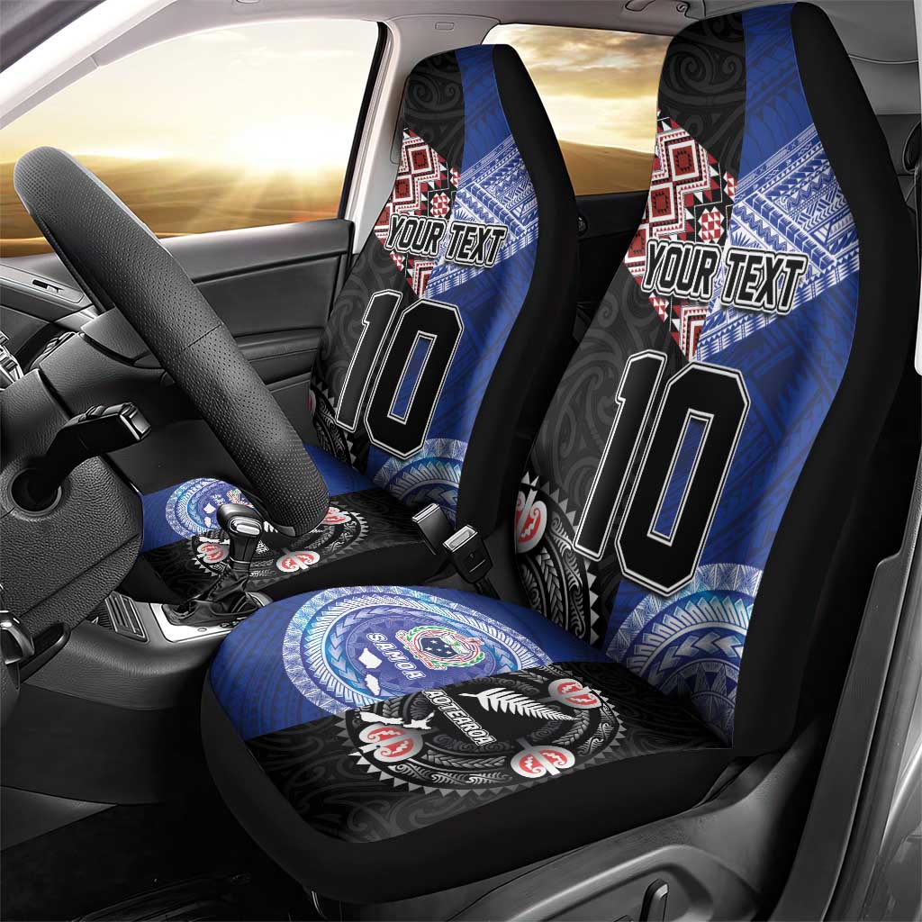 Custom Aotearoa and Samoa Rugby Car Seat Cover Maori Warrior and Teuila Emblem-Tatau with Taniko Art LT03 - Polynesian Pride