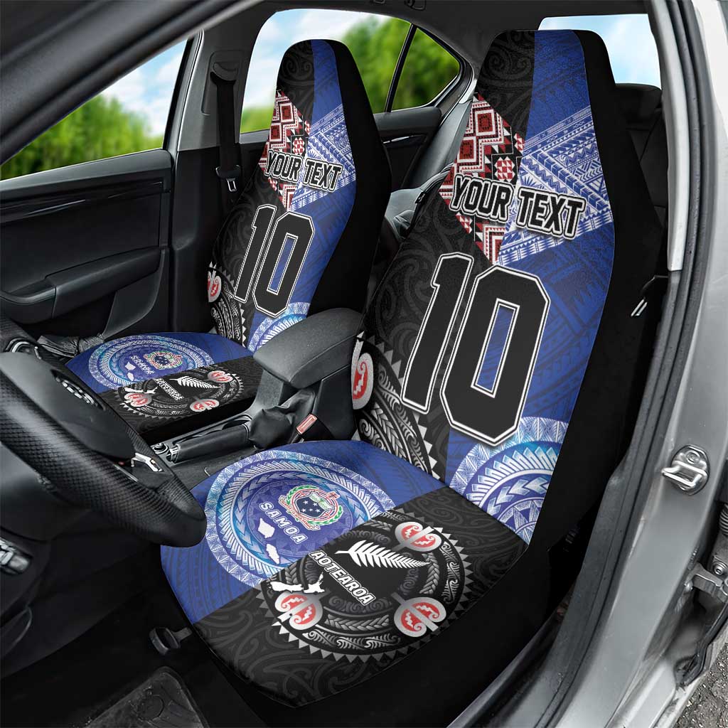 Custom Aotearoa and Samoa Rugby Car Seat Cover Maori Warrior and Teuila Emblem-Tatau with Taniko Art LT03 - Polynesian Pride