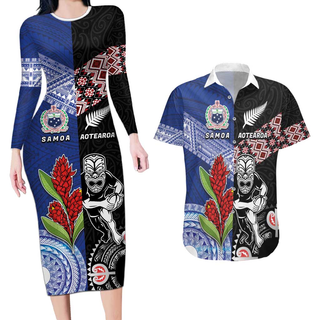 Custom Aotearoa and Samoa Rugby Couples Matching Long Sleeve Bodycon Dress and Hawaiian Shirt Maori Warrior and Teuila Emblem-Tatau with Taniko Art LT03 Black - Polynesian Pride