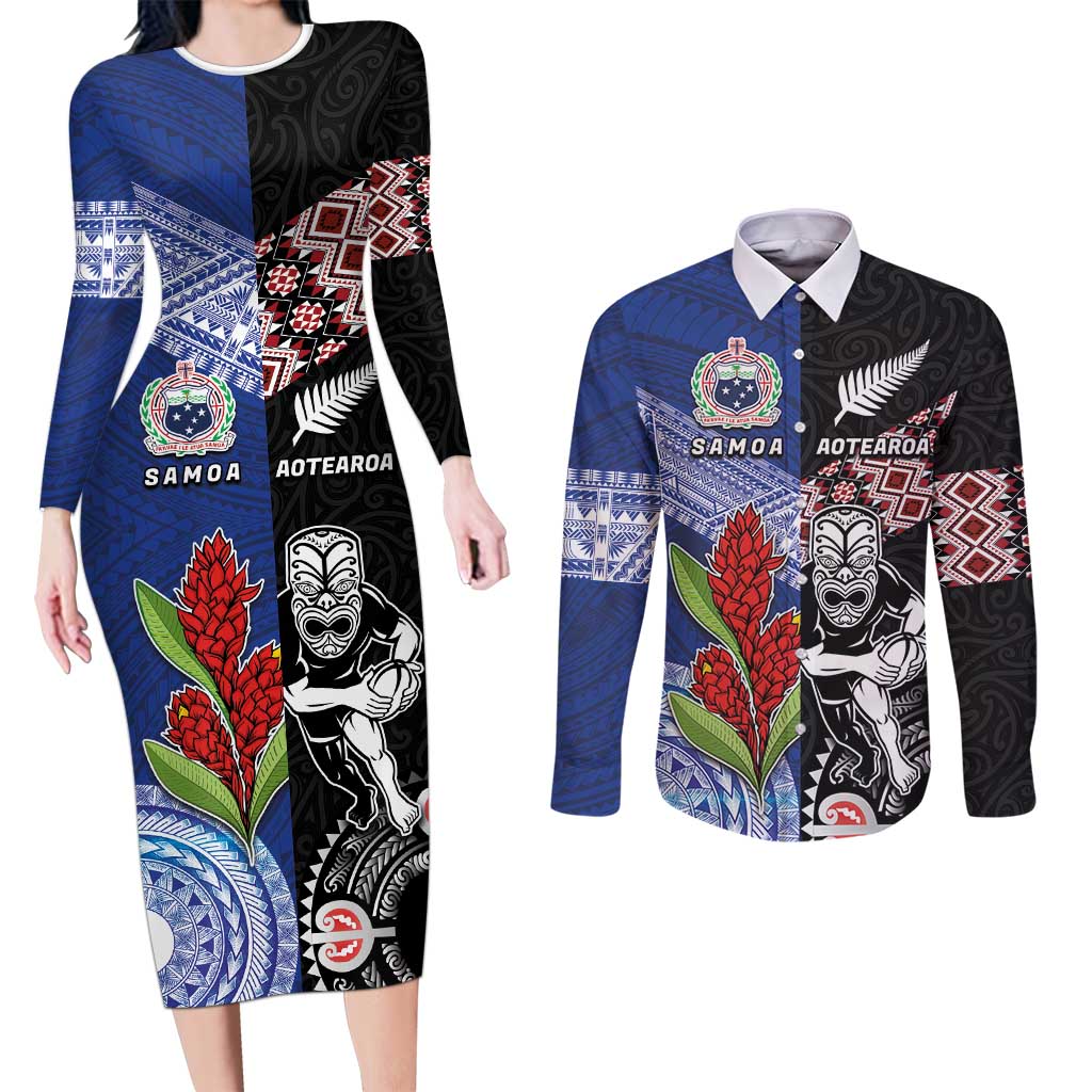 Custom Aotearoa and Samoa Rugby Couples Matching Long Sleeve Bodycon Dress and Long Sleeve Button Shirt Maori Warrior and Teuila Emblem-Tatau with Taniko Art LT03 Black - Polynesian Pride