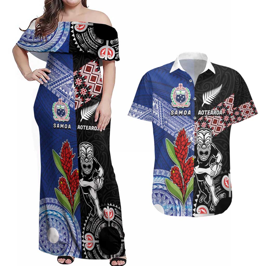 Custom Aotearoa and Samoa Rugby Couples Matching Off Shoulder Maxi Dress and Hawaiian Shirt Maori Warrior and Teuila Emblem-Tatau with Taniko Art LT03 Black - Polynesian Pride