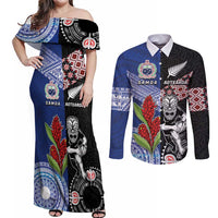 Custom Aotearoa and Samoa Rugby Couples Matching Off Shoulder Maxi Dress and Long Sleeve Button Shirt Maori Warrior and Teuila Emblem-Tatau with Taniko Art LT03 Black - Polynesian Pride