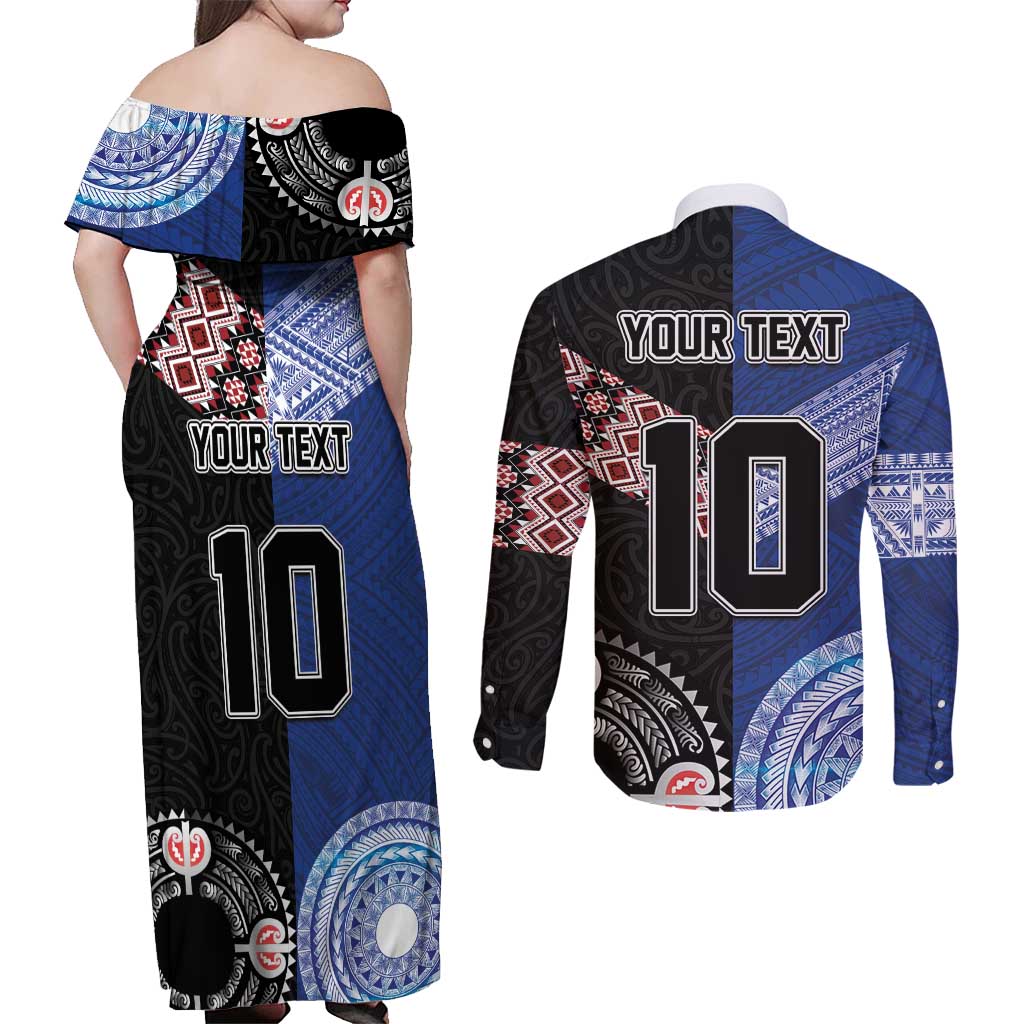 Custom Aotearoa and Samoa Rugby Couples Matching Off Shoulder Maxi Dress and Long Sleeve Button Shirt Maori Warrior and Teuila Emblem-Tatau with Taniko Art LT03 - Polynesian Pride