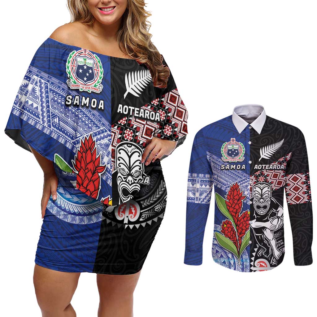 Custom Aotearoa and Samoa Rugby Couples Matching Off Shoulder Short Dress and Long Sleeve Button Shirt Maori Warrior and Teuila Emblem-Tatau with Taniko Art LT03 Black - Polynesian Pride