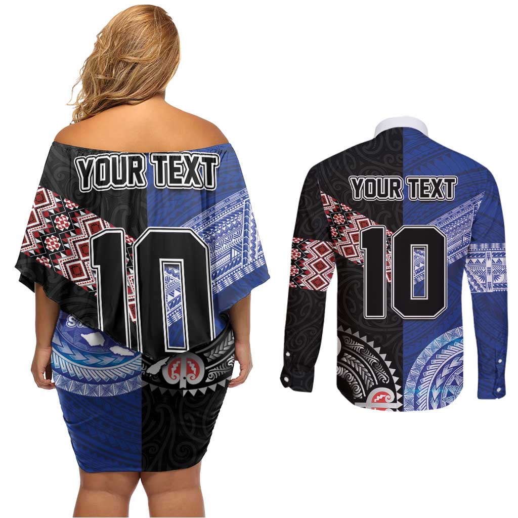 Custom Aotearoa and Samoa Rugby Couples Matching Off Shoulder Short Dress and Long Sleeve Button Shirt Maori Warrior and Teuila Emblem-Tatau with Taniko Art LT03 - Polynesian Pride