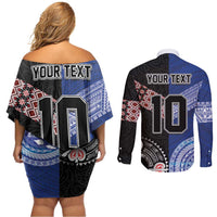 Custom Aotearoa and Samoa Rugby Couples Matching Off Shoulder Short Dress and Long Sleeve Button Shirt Maori Warrior and Teuila Emblem-Tatau with Taniko Art LT03 - Polynesian Pride