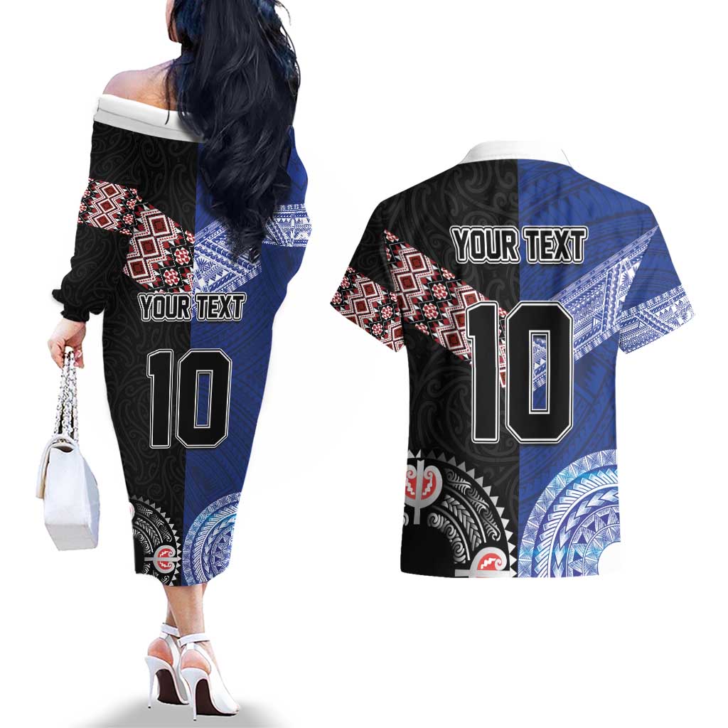 Custom Aotearoa and Samoa Rugby Couples Matching Off The Shoulder Long Sleeve Dress and Hawaiian Shirt Maori Warrior and Teuila Emblem-Tatau with Taniko Art LT03 - Polynesian Pride