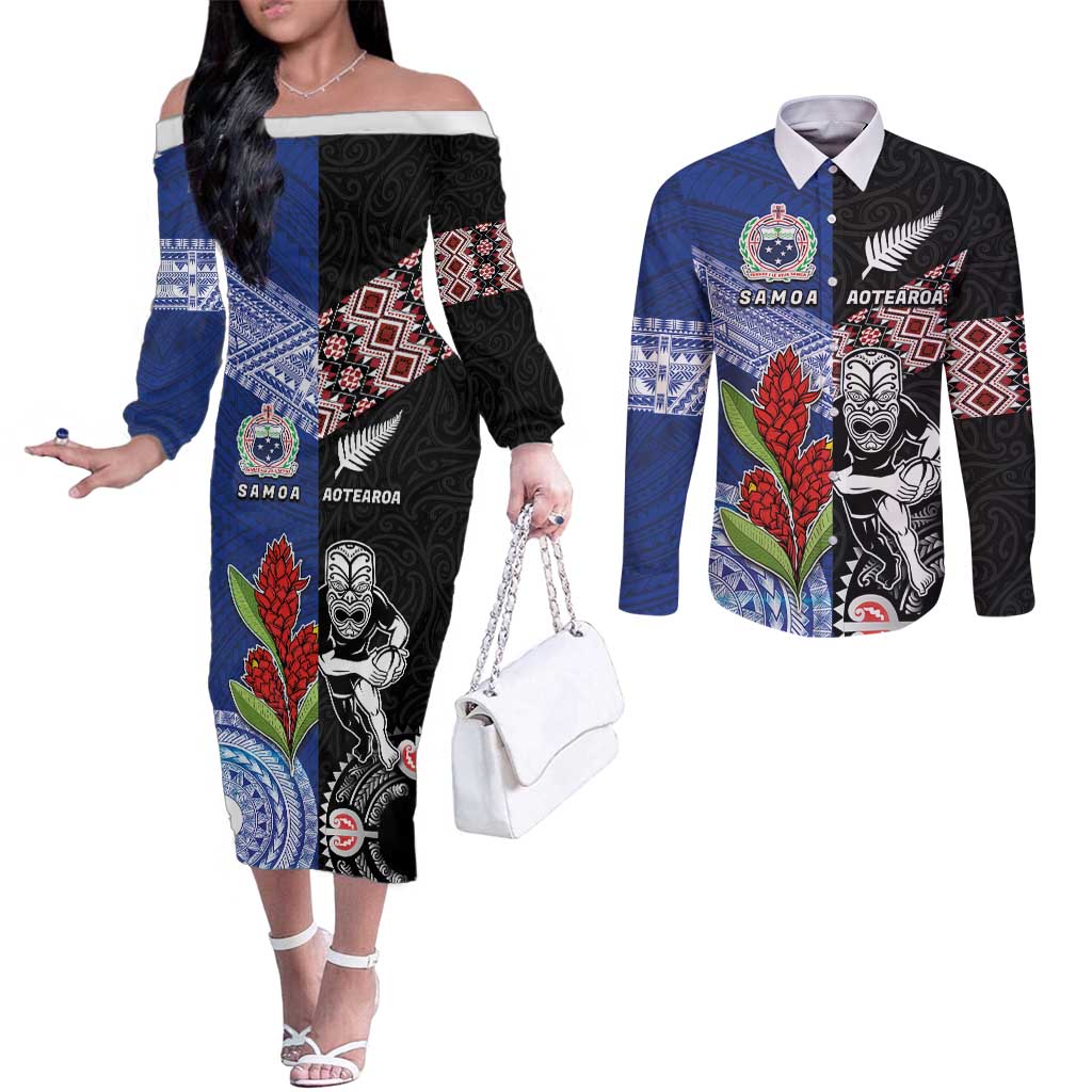 Custom Aotearoa and Samoa Rugby Couples Matching Off The Shoulder Long Sleeve Dress and Long Sleeve Button Shirt Maori Warrior and Teuila Emblem-Tatau with Taniko Art LT03 Black - Polynesian Pride