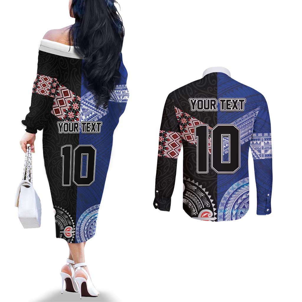 Custom Aotearoa and Samoa Rugby Couples Matching Off The Shoulder Long Sleeve Dress and Long Sleeve Button Shirt Maori Warrior and Teuila Emblem-Tatau with Taniko Art LT03 - Polynesian Pride