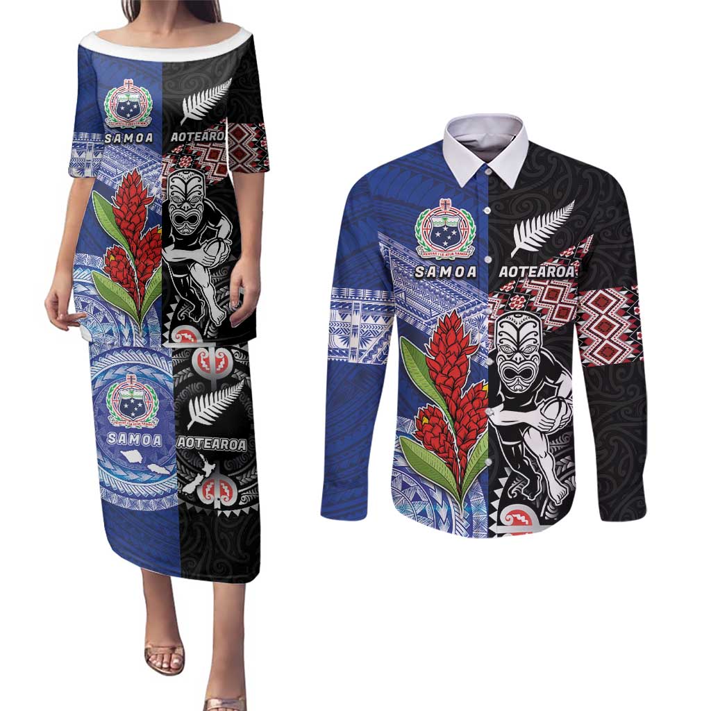 Custom Aotearoa and Samoa Rugby Couples Matching Puletasi and Long Sleeve Button Shirt Maori Warrior and Teuila Emblem-Tatau with Taniko Art