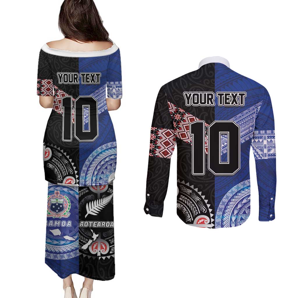 Custom Aotearoa and Samoa Rugby Couples Matching Puletasi and Long Sleeve Button Shirt Maori Warrior and Teuila Emblem-Tatau with Taniko Art LT03 - Polynesian Pride