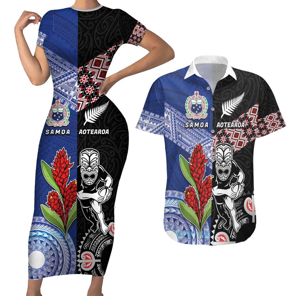 Custom Aotearoa and Samoa Rugby Couples Matching Short Sleeve Bodycon Dress and Hawaiian Shirt Maori Warrior and Teuila Emblem-Tatau with Taniko Art LT03 Black - Polynesian Pride