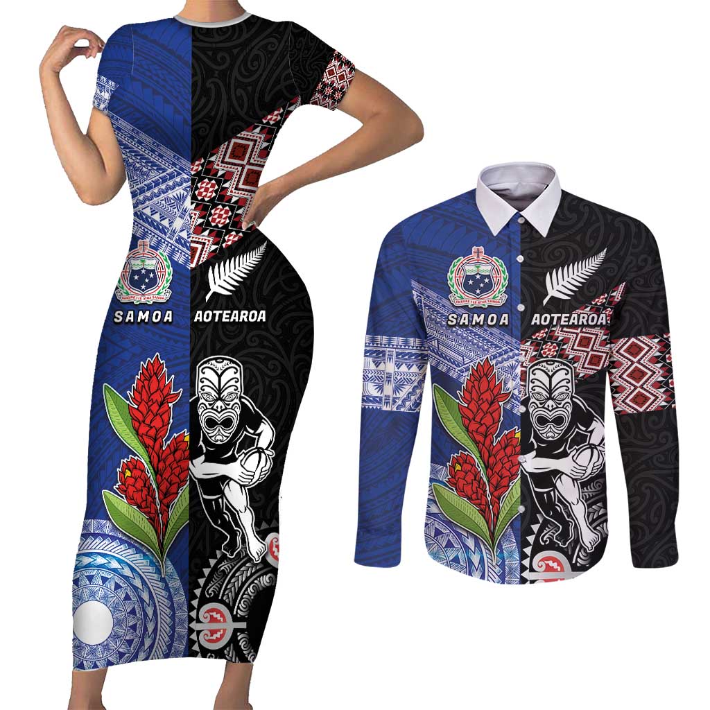 Custom Aotearoa and Samoa Rugby Couples Matching Short Sleeve Bodycon Dress and Long Sleeve Button Shirt Maori Warrior and Teuila Emblem-Tatau with Taniko Art LT03 Black - Polynesian Pride