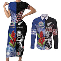 Custom Aotearoa and Samoa Rugby Couples Matching Short Sleeve Bodycon Dress and Long Sleeve Button Shirt Maori Warrior and Teuila Emblem-Tatau with Taniko Art LT03 Black - Polynesian Pride