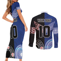 Custom Aotearoa and Samoa Rugby Couples Matching Short Sleeve Bodycon Dress and Long Sleeve Button Shirt Maori Warrior and Teuila Emblem-Tatau with Taniko Art LT03 - Polynesian Pride