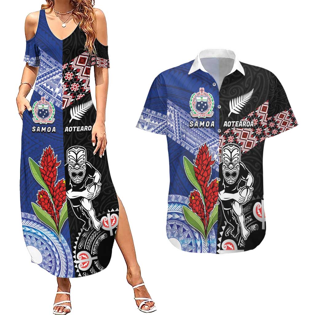 Custom Aotearoa and Samoa Rugby Couples Matching Summer Maxi Dress and Hawaiian Shirt Maori Warrior and Teuila Emblem-Tatau with Taniko Art LT03 Black - Polynesian Pride