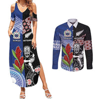 Custom Aotearoa and Samoa Rugby Couples Matching Summer Maxi Dress and Long Sleeve Button Shirt Maori Warrior and Teuila Emblem-Tatau with Taniko Art LT03 Black - Polynesian Pride