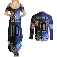 Custom Aotearoa and Samoa Rugby Couples Matching Summer Maxi Dress and Long Sleeve Button Shirt Maori Warrior and Teuila Emblem-Tatau with Taniko Art LT03 - Polynesian Pride