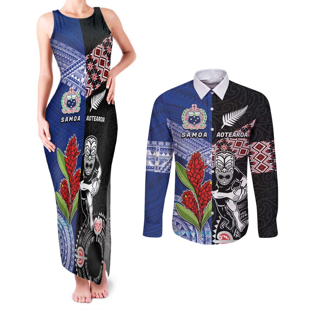 Custom Aotearoa and Samoa Rugby Couples Matching Tank Maxi Dress and Long Sleeve Button Shirt Maori Warrior and Teuila Emblem-Tatau with Taniko Art LT03 Black - Polynesian Pride
