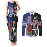 Custom Aotearoa and Samoa Rugby Couples Matching Tank Maxi Dress and Long Sleeve Button Shirt Maori Warrior and Teuila Emblem-Tatau with Taniko Art LT03 Black - Polynesian Pride