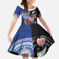 Custom Aotearoa and Samoa Rugby Family Matching Long Sleeve Bodycon Dress and Hawaiian Shirt Maori Warrior and Teuila Emblem-Tatau with Taniko Art LT03 Daughter's Dress Black - Polynesian Pride