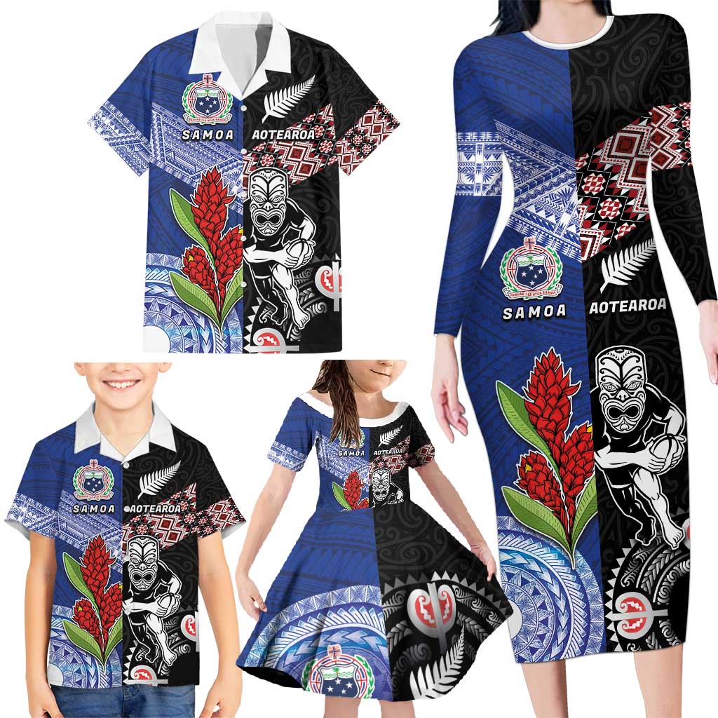 Custom Aotearoa and Samoa Rugby Family Matching Long Sleeve Bodycon Dress and Hawaiian Shirt Maori Warrior and Teuila Emblem-Tatau with Taniko Art LT03 - Polynesian Pride