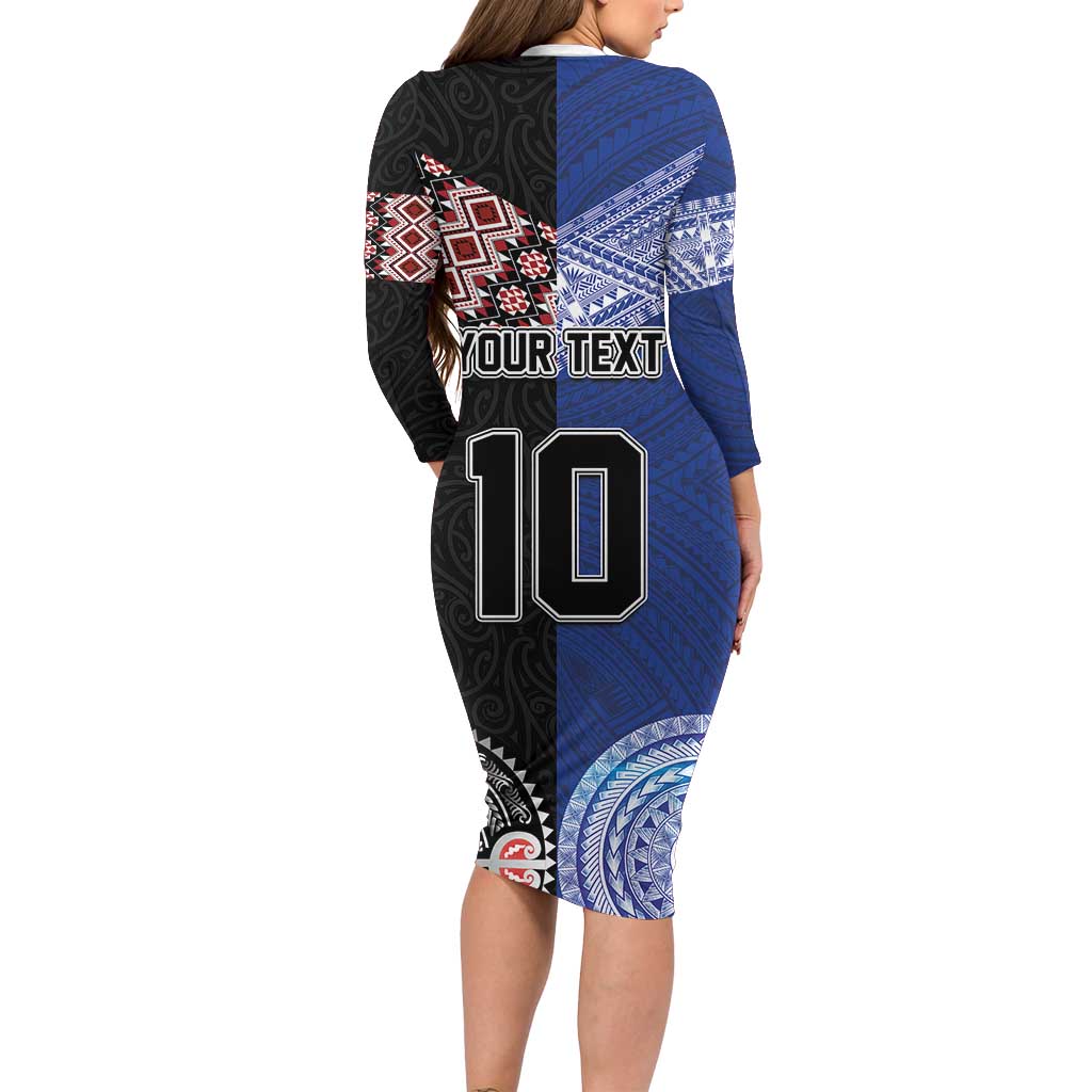 Custom Aotearoa and Samoa Rugby Family Matching Long Sleeve Bodycon Dress and Hawaiian Shirt Maori Warrior and Teuila Emblem-Tatau with Taniko Art LT03 - Polynesian Pride