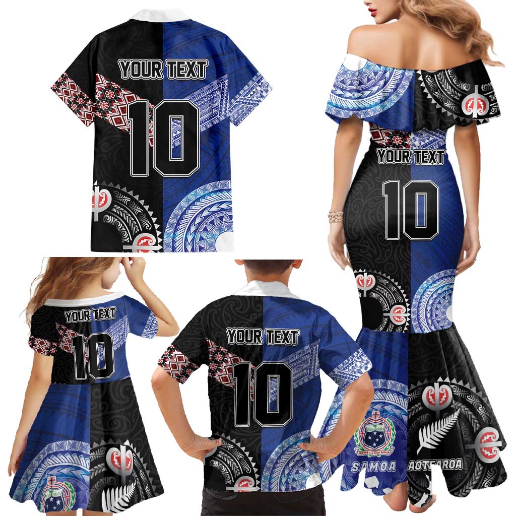Custom Aotearoa and Samoa Rugby Family Matching Mermaid Dress and Hawaiian Shirt Maori Warrior and Teuila Emblem-Tatau with Taniko Art LT03 - Polynesian Pride