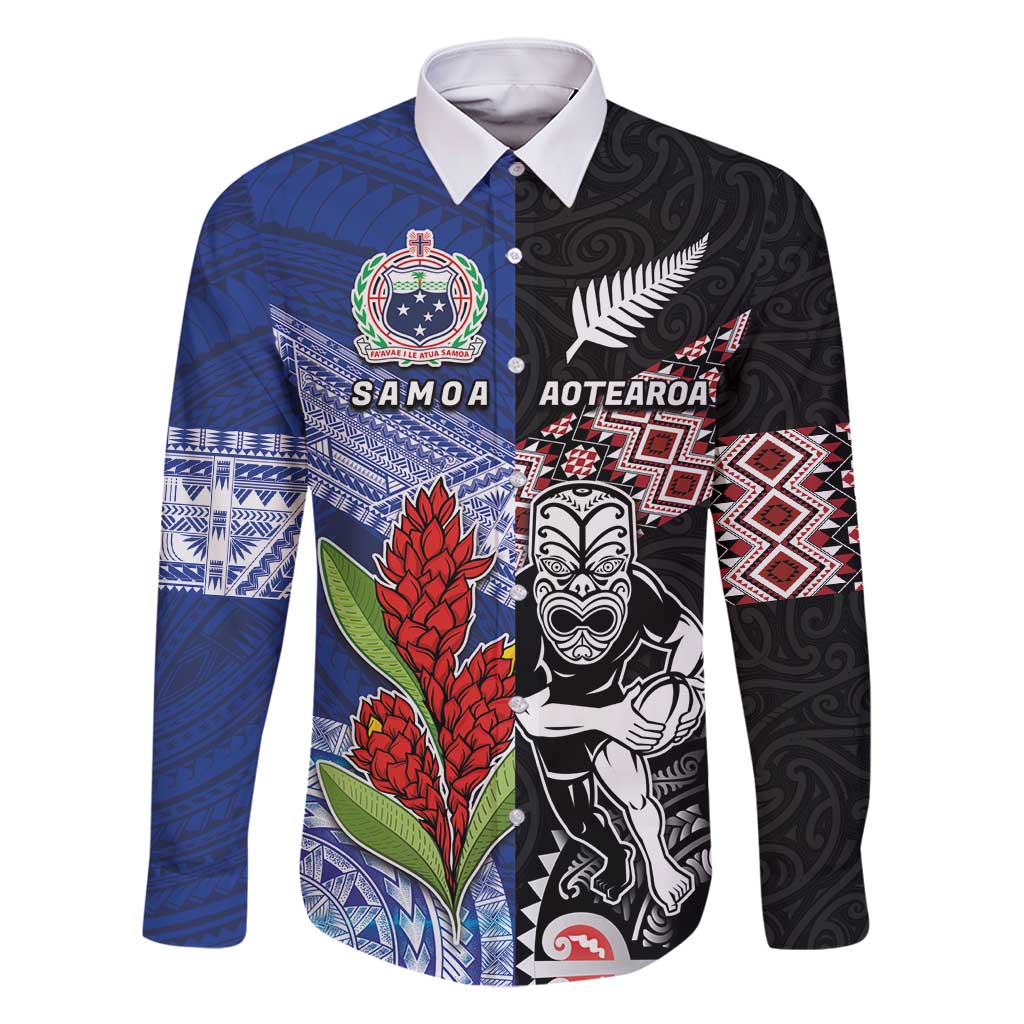 Custom Aotearoa and Samoa Rugby Family Matching Mermaid Dress and Hawaiian Shirt Maori Warrior and Teuila Emblem-Tatau with Taniko Art LT03 Dad's Shirt - Long Sleeve Black - Polynesian Pride