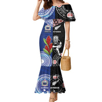 Custom Aotearoa and Samoa Rugby Family Matching Mermaid Dress and Hawaiian Shirt Maori Warrior and Teuila Emblem-Tatau with Taniko Art LT03 Mom's Dress Black - Polynesian Pride